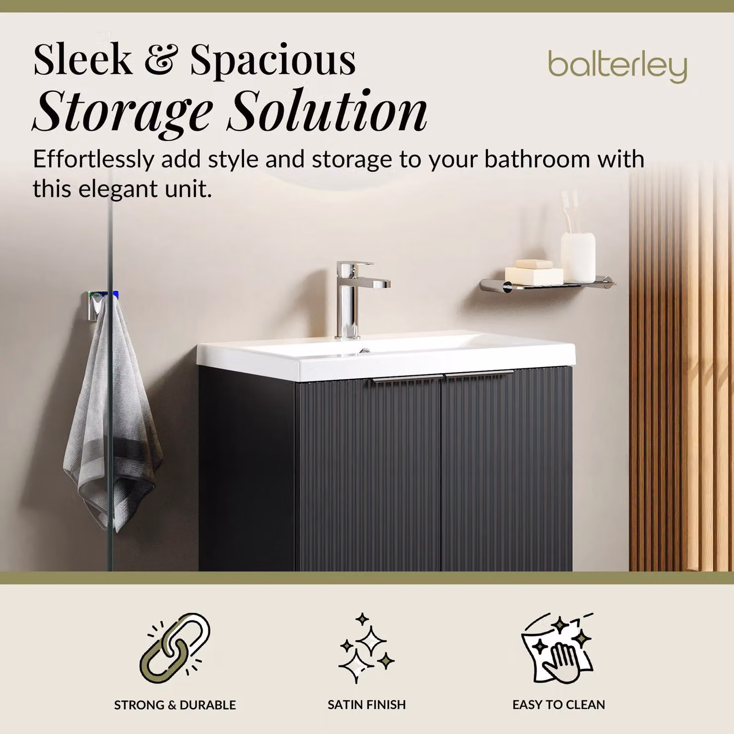 Balterley Fluted Front Floor Standing 2 Door Vanity Basin Unit in Dark Grey, W: 60 cm, H: 85 cm – 2