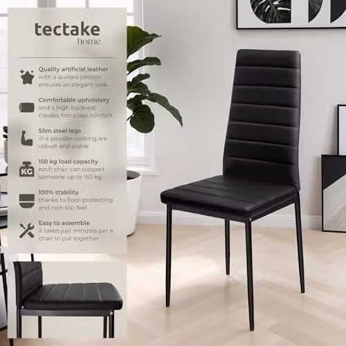 tectake Set of 8 Modern Dining Chairs in Black Synthetic Leather with Metal Legs – 4