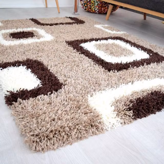 Bravich LTD California Geometric Thick Shaggy Rug in Beige, W: 200 cm, D: 290 cm