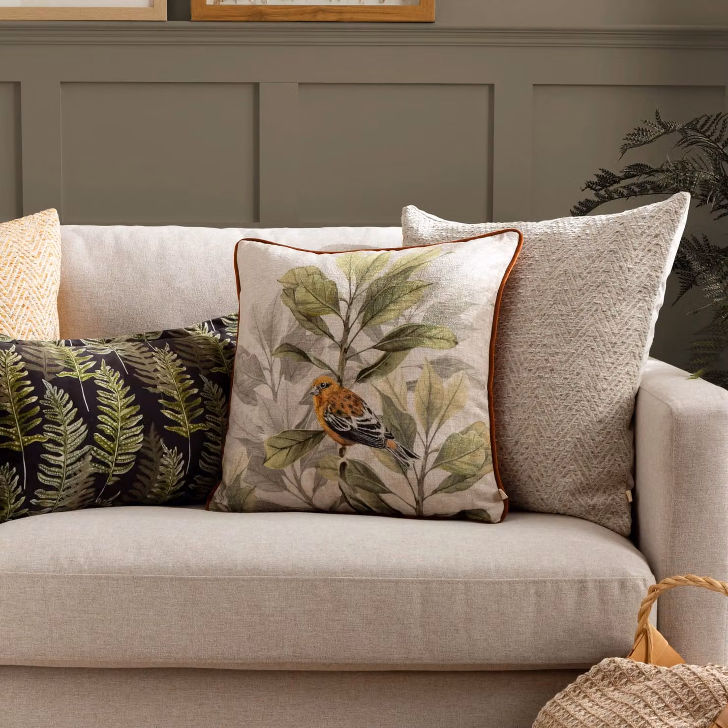 Wylder Nature Kielder Forest Swinley Bird Chenille Piped Cushion in Orange and Beige, W/D/H: 43 x 43 x 43 cm – 4