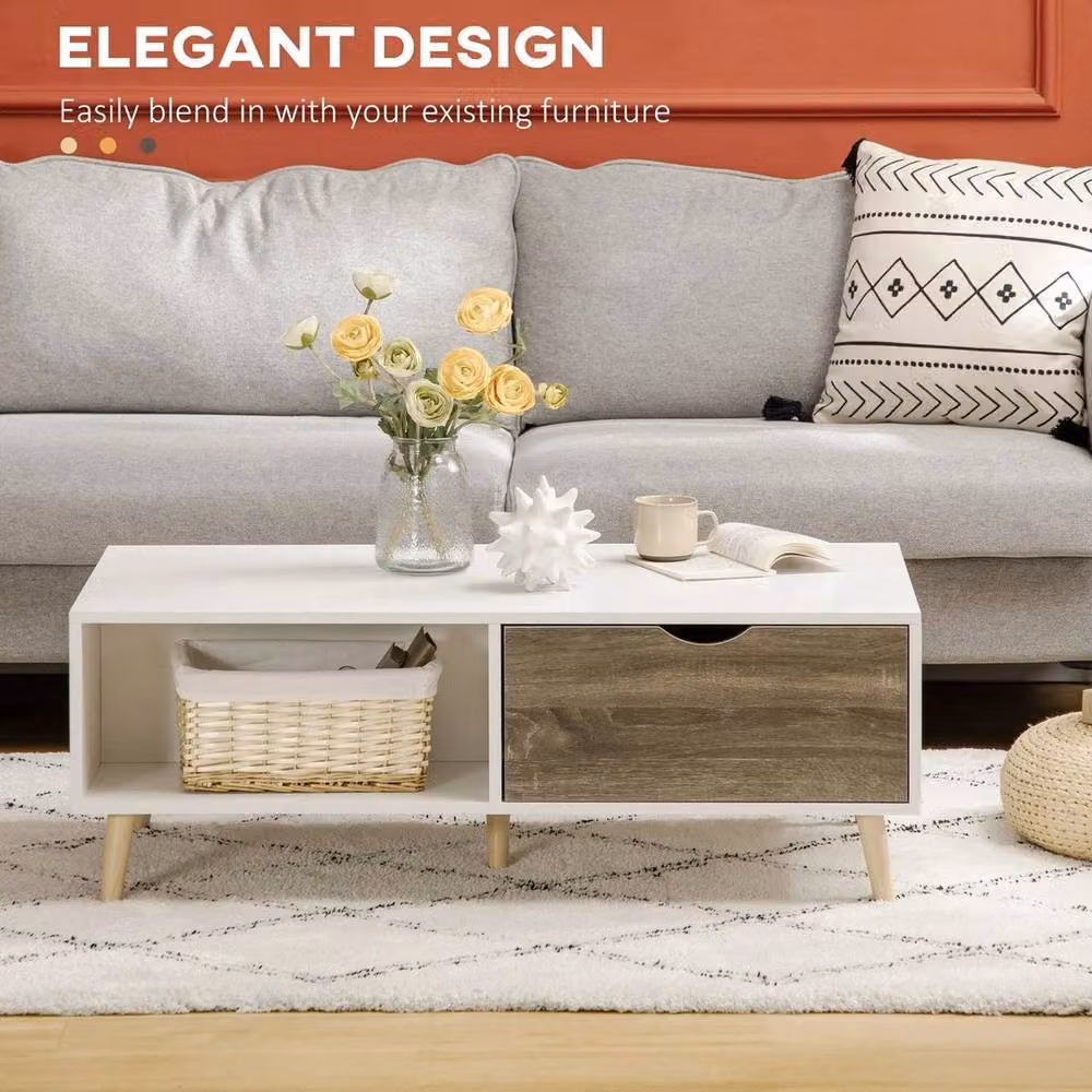 Kelvenix Modern White Coffee Table with Storage Shelves and 2 Drawers, W: 106 cm x D: 58 cm x H: 39.5 cm – 4