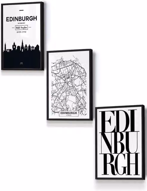 ARTZE Edinburgh Skyline Street Map City Print Framed Wall Art, Black, W: 33 cm, H: 45 cm, D: 20 mm