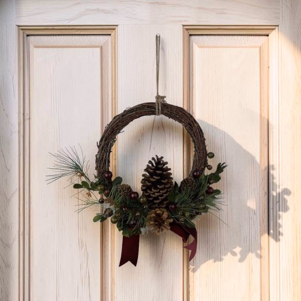 Four Candle Brown Rattan Pinecone and Berry Wreath with Bow, Diameter: 24 cm – 2