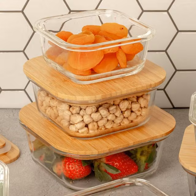 Homiu 3-Piece Airtight Glass Food Container Set with Bamboo Lids, White