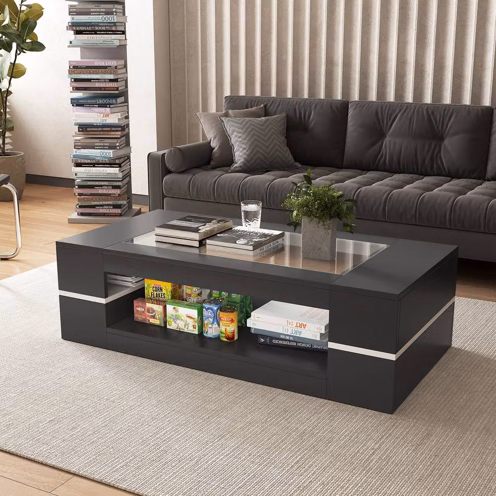 KEEPREAPER Modern Rectangular Coffee Table with Glass Top and Storage in Black – 5