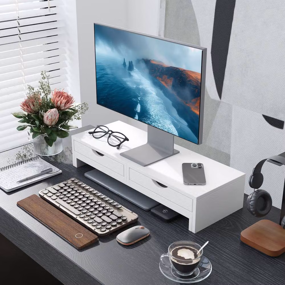 STILVORA Adjustable Monitor Stand Riser with 2 Drawers, White – 3