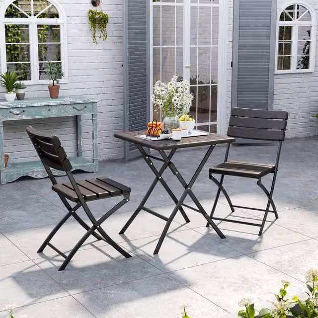 Livingandhome 3-Piece Brown Wood Grain Effect Folding Table and Chairs Set for Garden, Terrace or Balcony