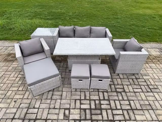 Fimous Outdoor Rattan Garden Furniture Set with Height Adjustable Lifting Table and 2 Armchairs in Light Grey