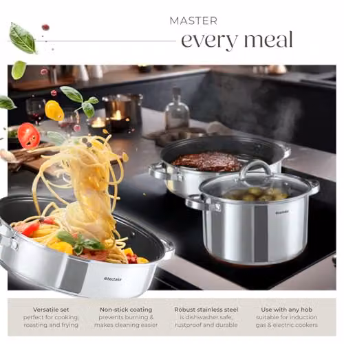tectake Turin 15-Piece Stainless Steel Pot and Pan Set with Non-Stick Coating and Glass Lids in Silver – 4