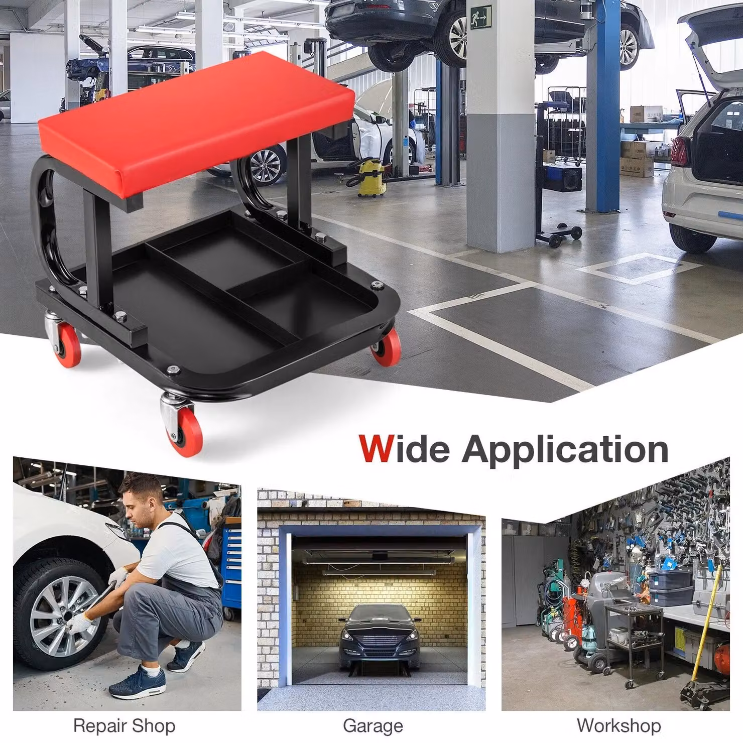 Costway Rolling Workshop Creeper Mechanic Stool with Soft Padded Seat and Tool Tray Storage, Red and Multicolour – 6