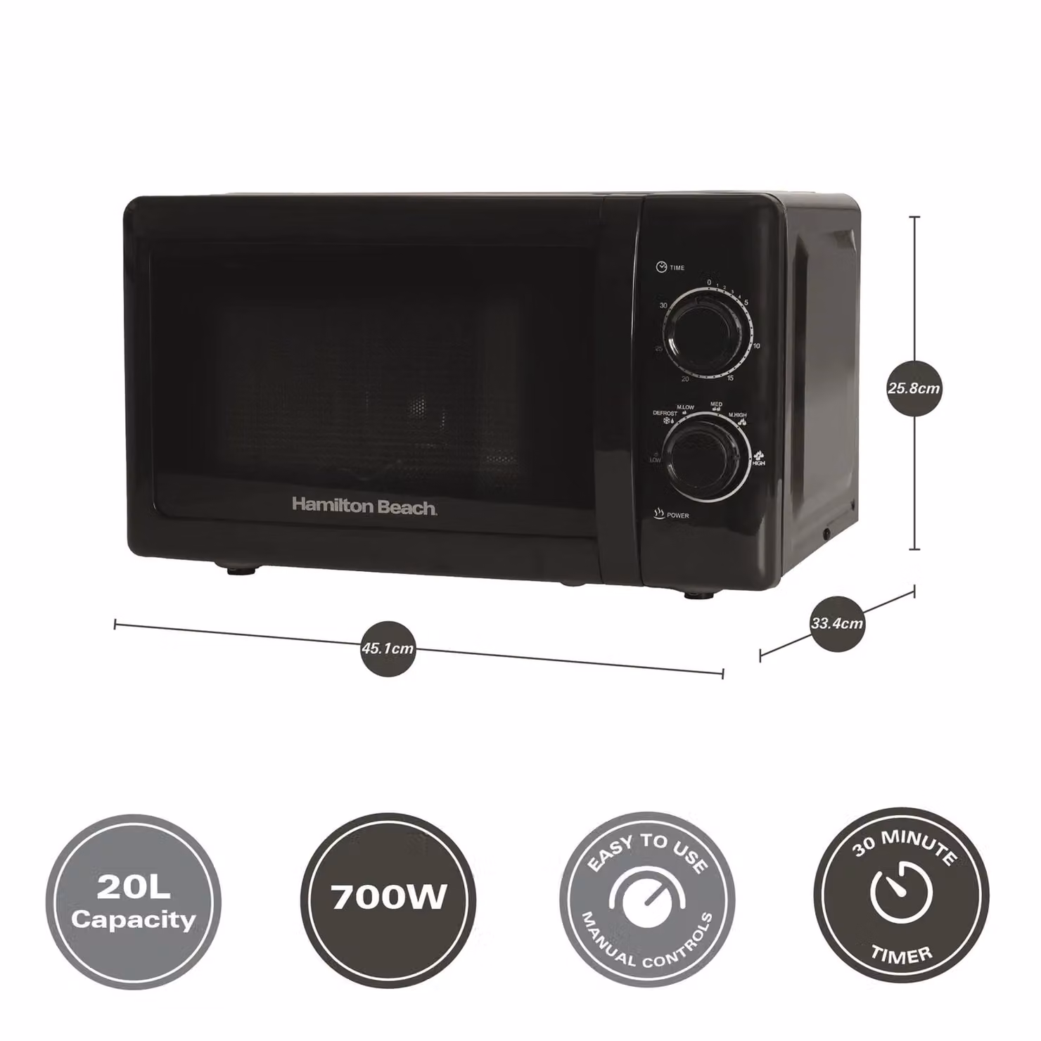 Hamilton Beach 20L Solo Manual Black Microwave with Stainless Steel Cavity and 700W Power – 6