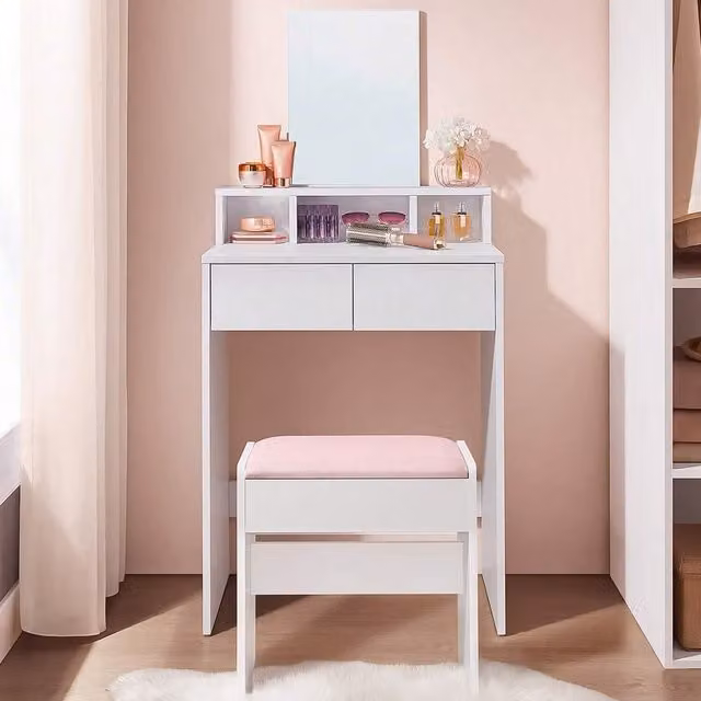 VASAGLE Modern Dressing Table with Mirror and 2 Drawers, White, W: 127 cm, D: 40 cm, H: 76.7 cm