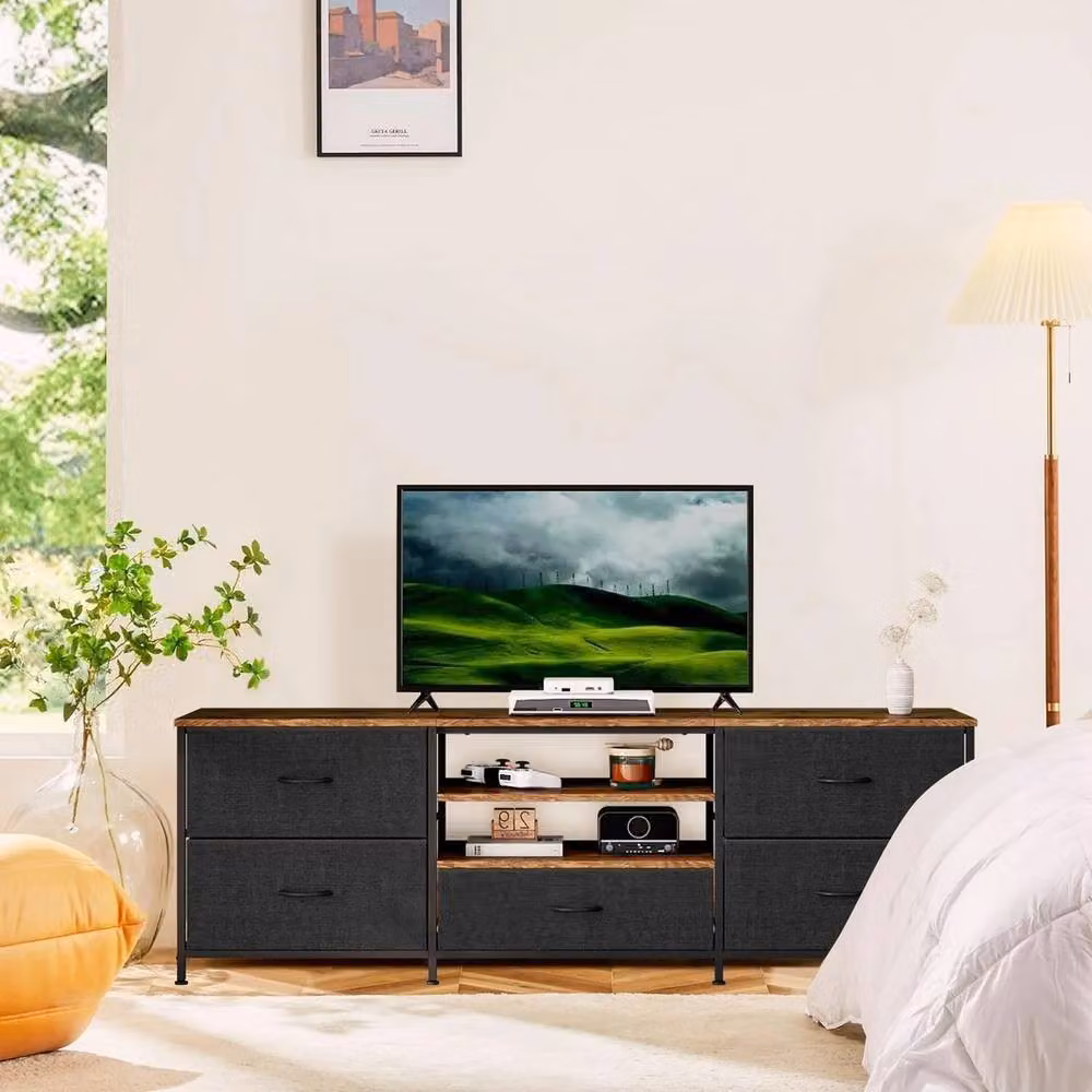 FORGEVIO Industrial Wood TV Stand Cabinet with 5 Drawers in Multicolour – 4