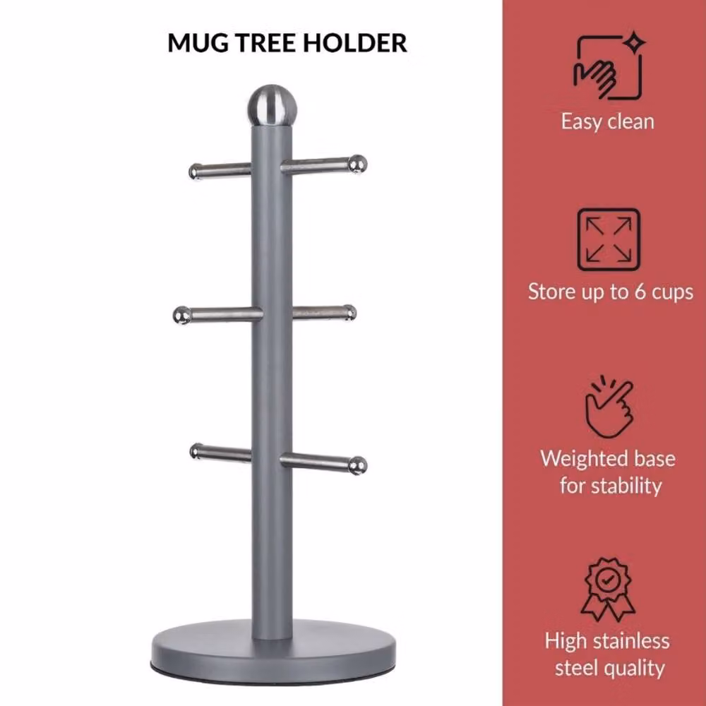 Kelvenix Stainless Steel 6 Cup Mug Tree Kitchen Storage Rack in Matt Grey – 2
