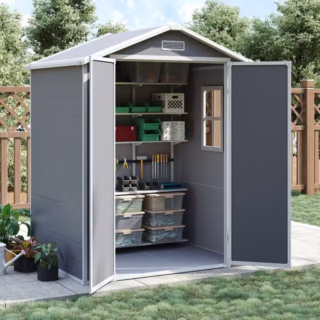 Breeins Lockable Waterproof Plastic Garden Storage Shed with Window in Grey