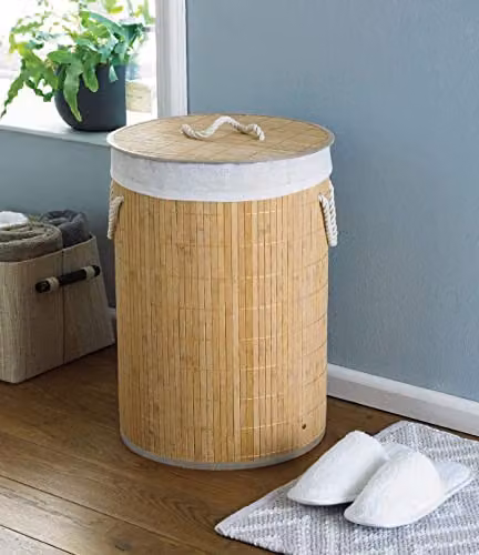 MantraRaj Natural Bamboo Laundry Hamper Basket with Removable Bag and Lid, Beige, W: 35.0 cm, D: 35.0 cm, H: 50.0 cm – 2