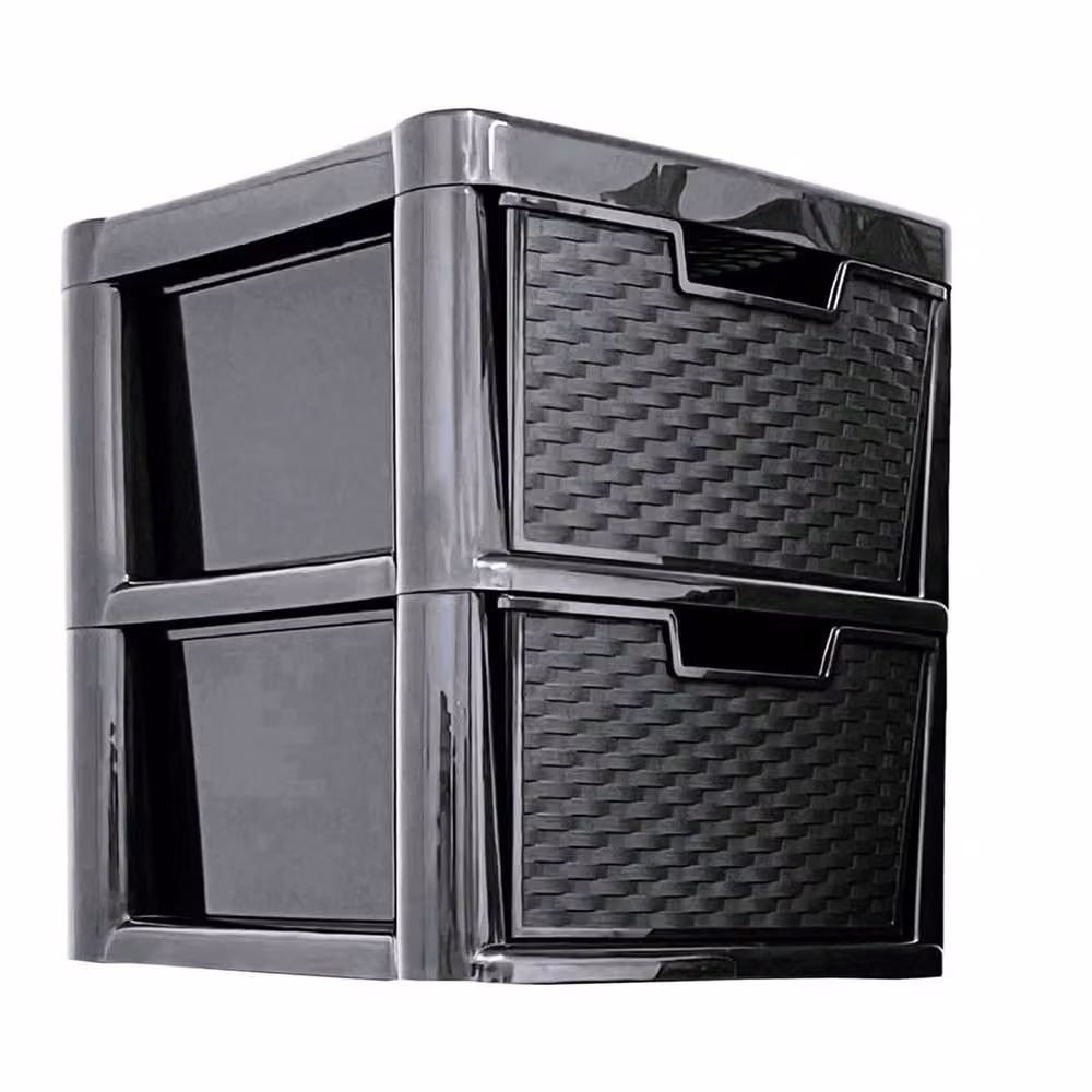 FLAVORA Large 2 Drawer Rattan Style Plastic Storage Unit in Black, W: 50 cm, D: 50 cm, H: 50 cm – 4
