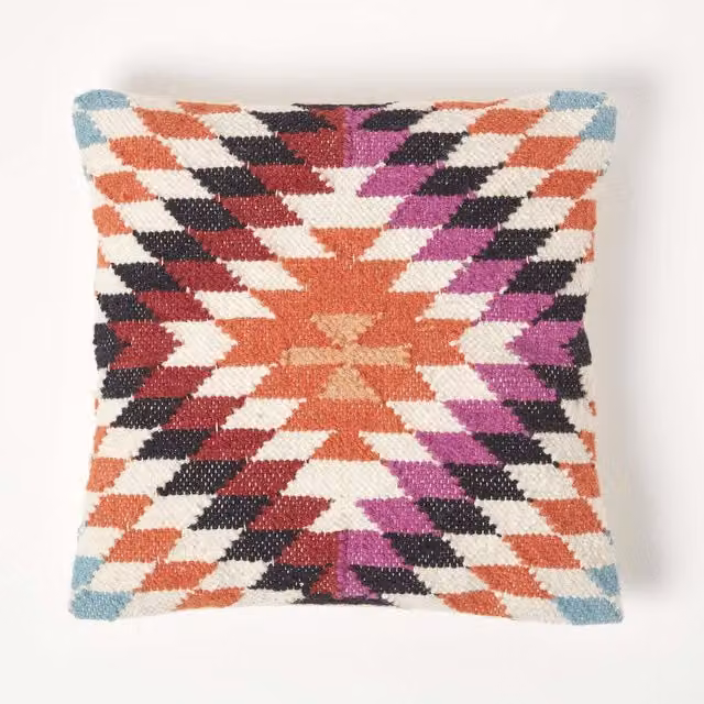 Homescapes Handwoven Ethnic Kilim Cushion with Feather Filling in Orange and Multicolour