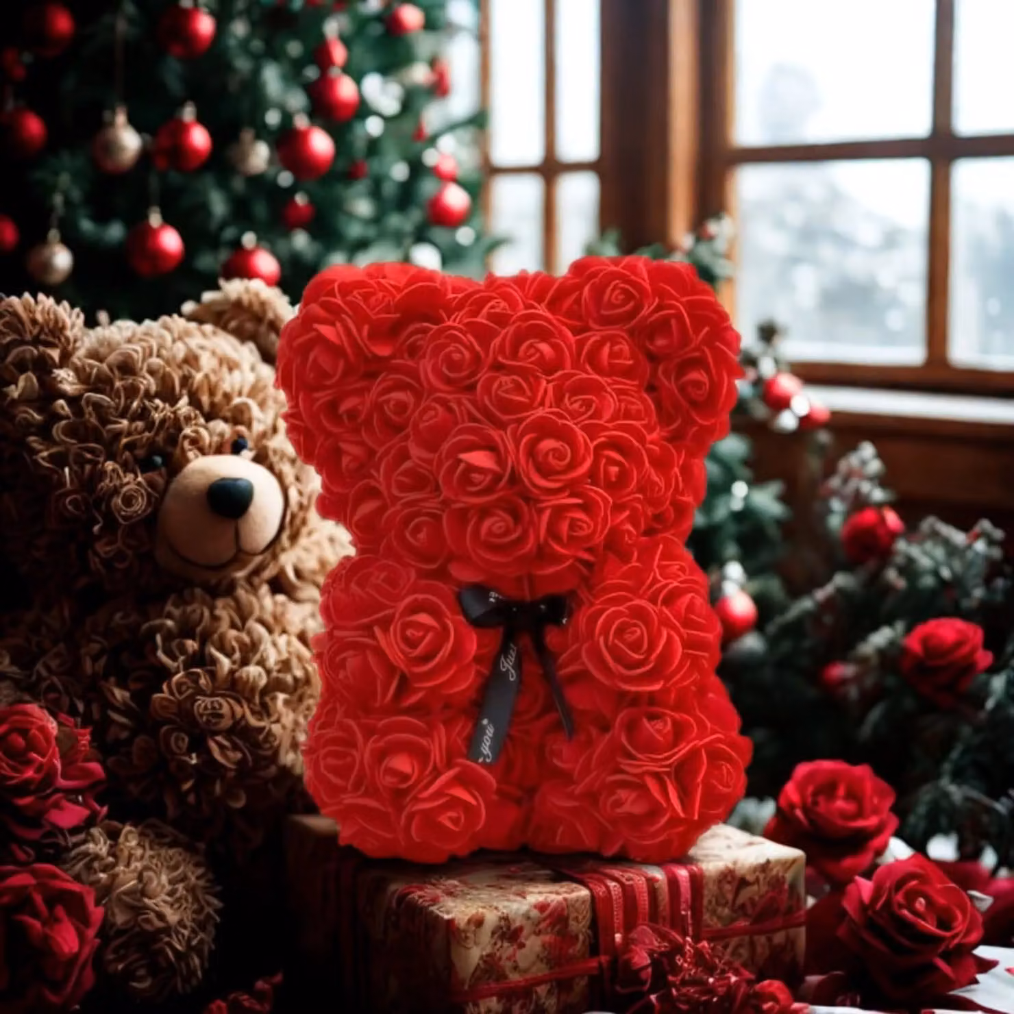Smartbies Red Rose Petal Teddy Bear with Black Ribbon – 6