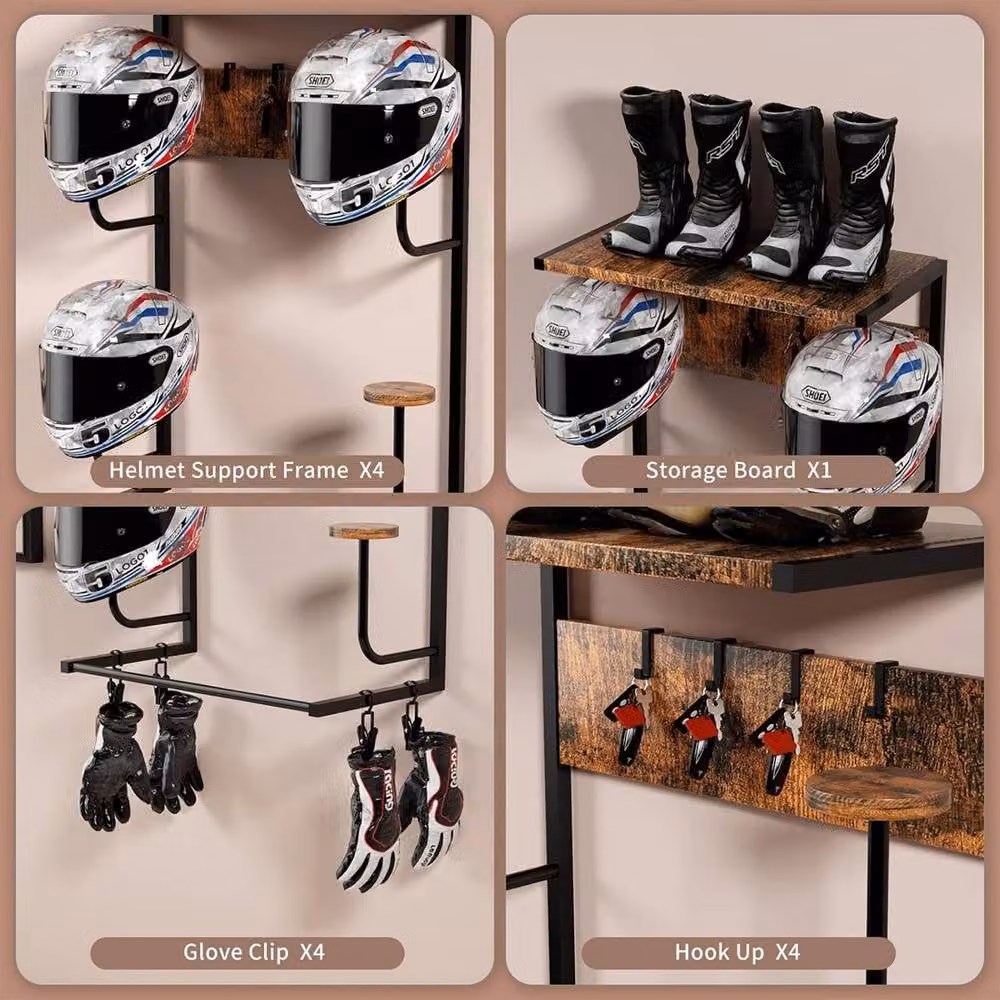 FORGEVIO Brown Wall Mounted Motorcycle Helmet Holder with Glove Clips and Industrial Wood Design – 3
