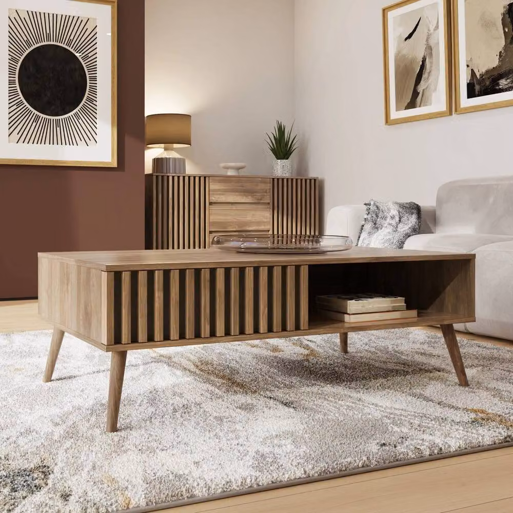 VOGREX Mid-Century Rectangular Wood Coffee Table with Storage Display Shelf in Brown and Grey – 2