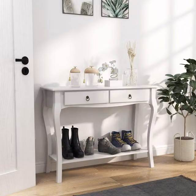 HOMCOM White Wood Console Table and Dressing Desk with 2 Drawers