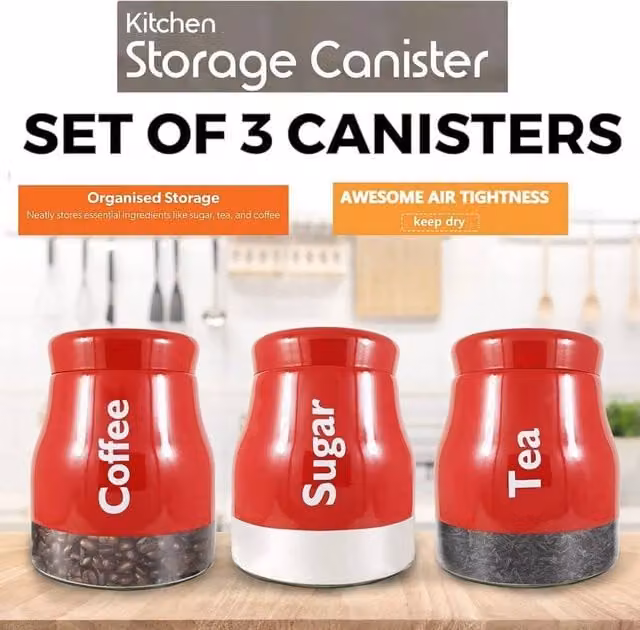 PAWNORA Set of 3 Red Glass Kitchen Storage Canisters with Screw Lids