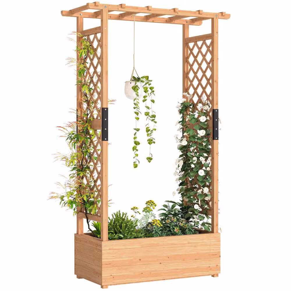 OUTSUNNY Wooden Raised Bed with Trellis for Ornamental or Vegetable Gardens, Natural/Brown, W: 110 cm, D: 44 cm, H: 181 cm – 2
