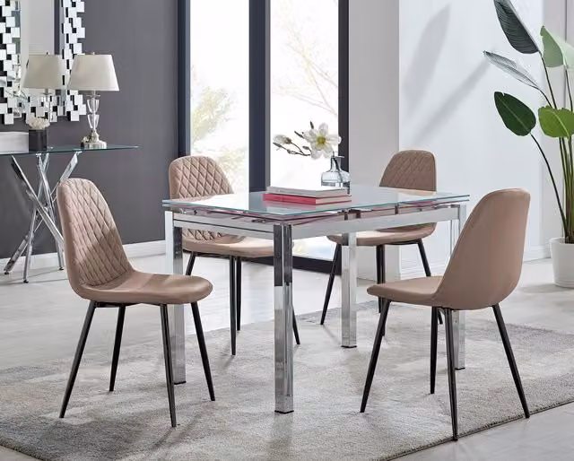 FurnitureboxUK Enna White Glass Extending Dining Table and 4 Corona Black Leg Chairs in Cappuccino