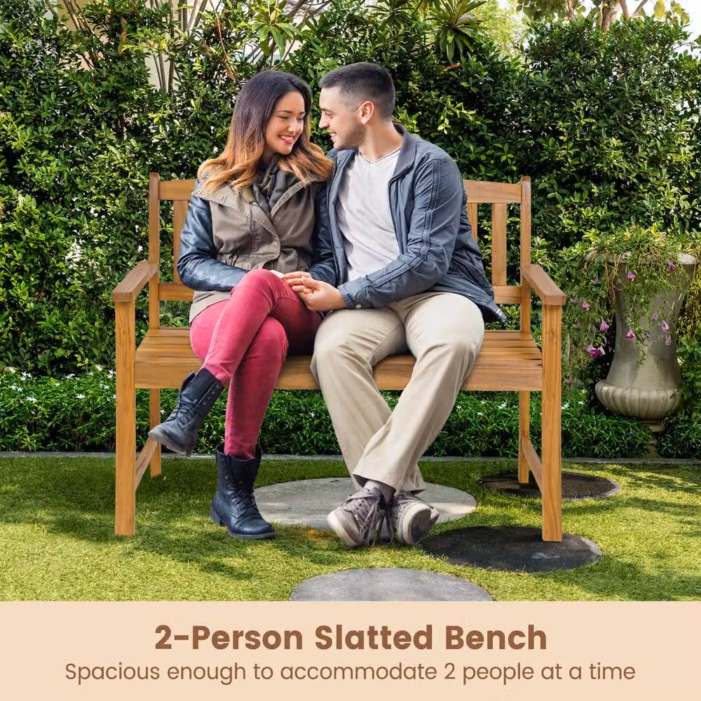 Costway Acacia Wood 2-Person Outdoor Garden Bench with Armrests in Natural Brown – 3
