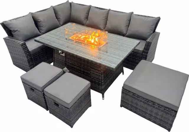 Fimous 9-Seater Rattan Gas Fire Pit Corner Sofa Set in Dark Grey Mixed