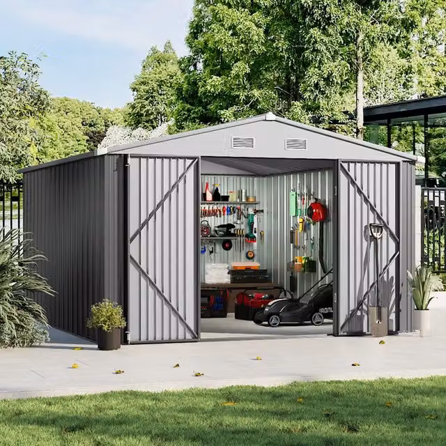 Breeins Outdoor Metal Storage Shed with Lockable Door in Grey and White, 10x12FT