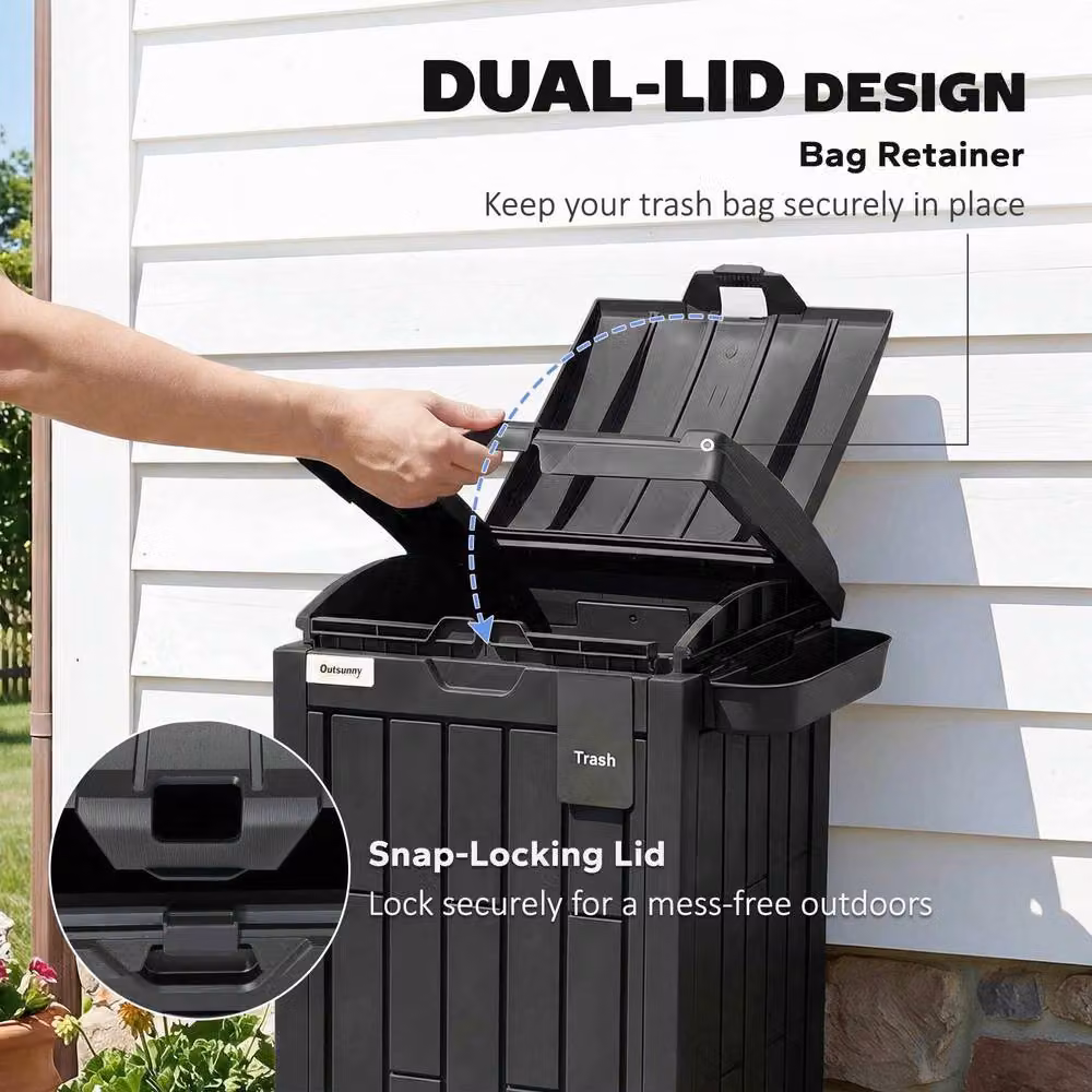 OUTSUNNY 110 L Outdoor Bin with Dual Flip Lid, Side Holder and Drip Tray, Black – 5