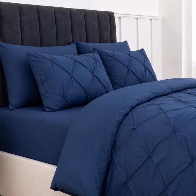 MHG Living Navy Pintuck Microfibre 4 Piece Bedding Set with Double Duvet Cover 200 x 200 cm, Fitted Sheet 140 x 200 cm and 2 Pillowcases