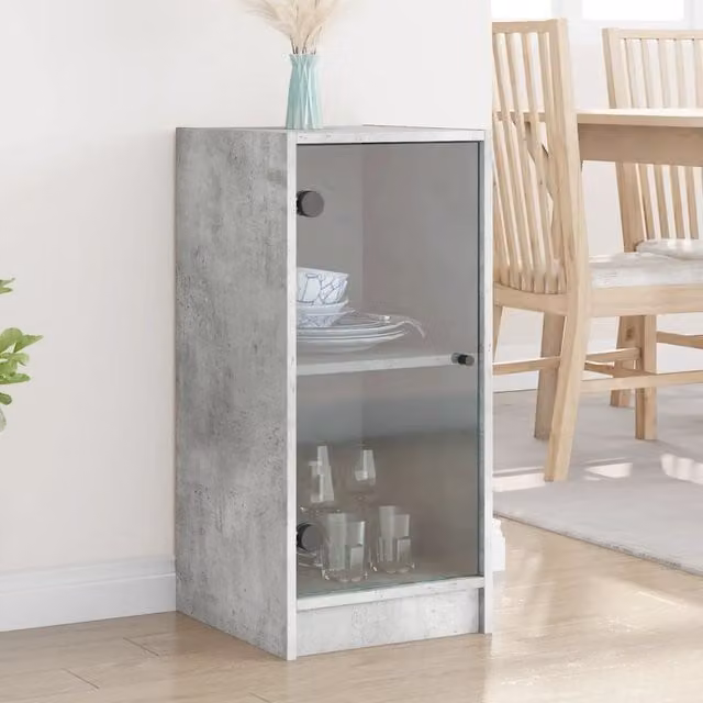 Berkfield Home Side Cabinet with Glass Doors, Concrete Grey, W/D/H: 35 x 37 x 75.5 cm