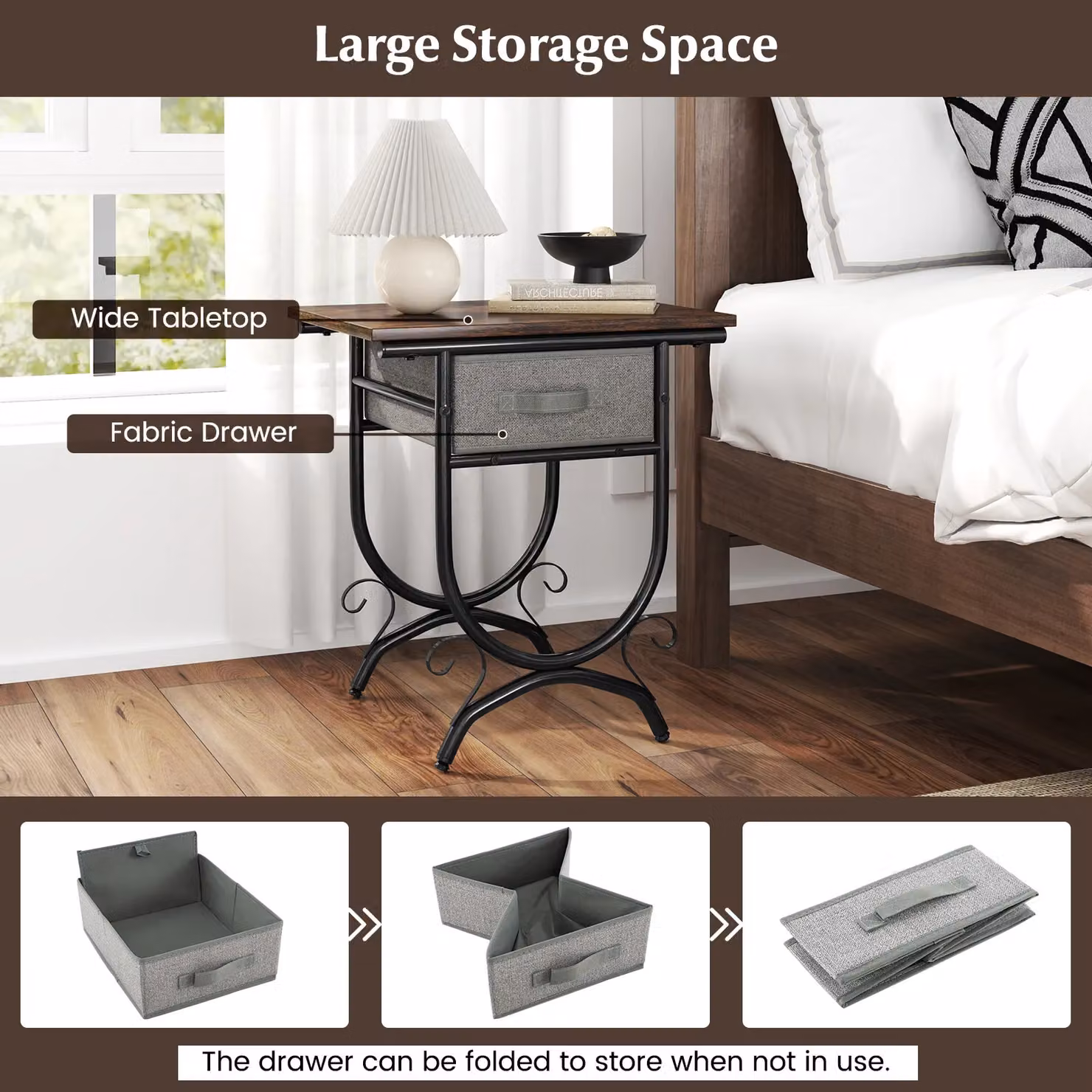 Gymax Industrial 2-Tier Bedside Table with Fabric Drawer in Brown – 4