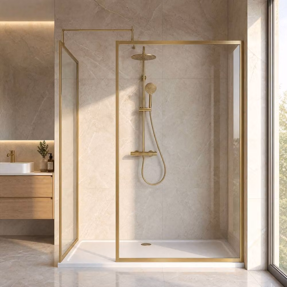 Balterley Framed Walk-In Wetroom Bundle in Gold with Rectangular Tray and Niche, W: 160 cm, D: 70 cm – 2