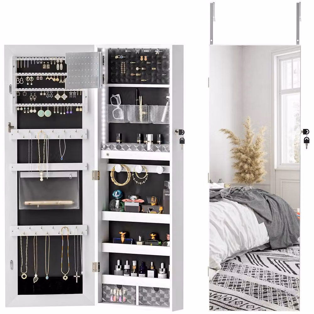 STILVORA White Matt Jewellery Cabinet with LED Lighting, Full Length Mirror and Lock – 4