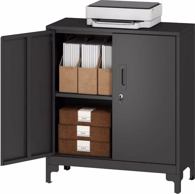 Havendro Lockable 2-Tier Metal Filing Cabinet with Hinged Doors, Black – 1