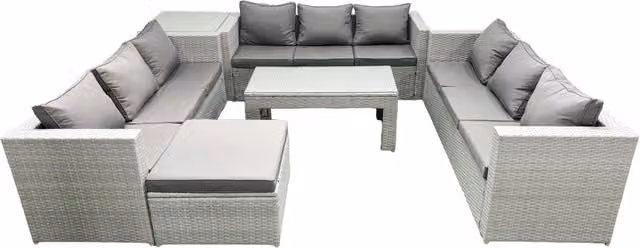 Fimous 10 Seater Rattan Garden Furniture Set in Light Grey with U-Shape Sofa, Oblong Coffee Table and Ottoman – 1
