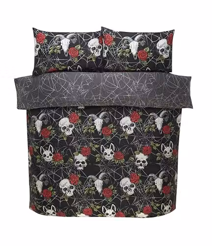 Rapport Home Skulls and Roses Reversible Double Duvet Cover Set in Black and Grey Floral Skull Print, Polyester, Duvet Cover 200 x 200 cm and Pillowcases 50 x 75 cm – 2