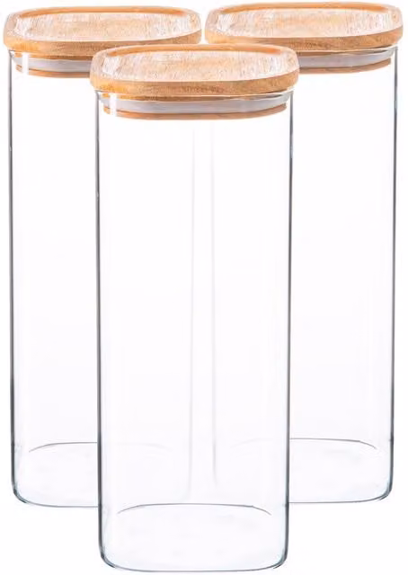 Argon Tableware Set of 3 Square Glass Storage Jars with Airtight Wooden Lids, 1.9 l, Clear – 1