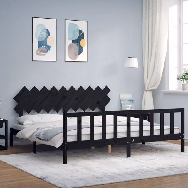 Berkfield Home Solid Wood Pine Bed Frame with Headboard in Black, 200 x 200 cm – 1