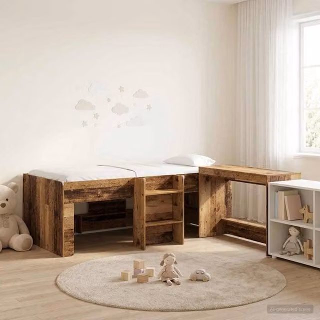 Berkfield Home Kids High Bed Frame with Desk and Stairs in Brown Old Wood Engineered Wood – 1