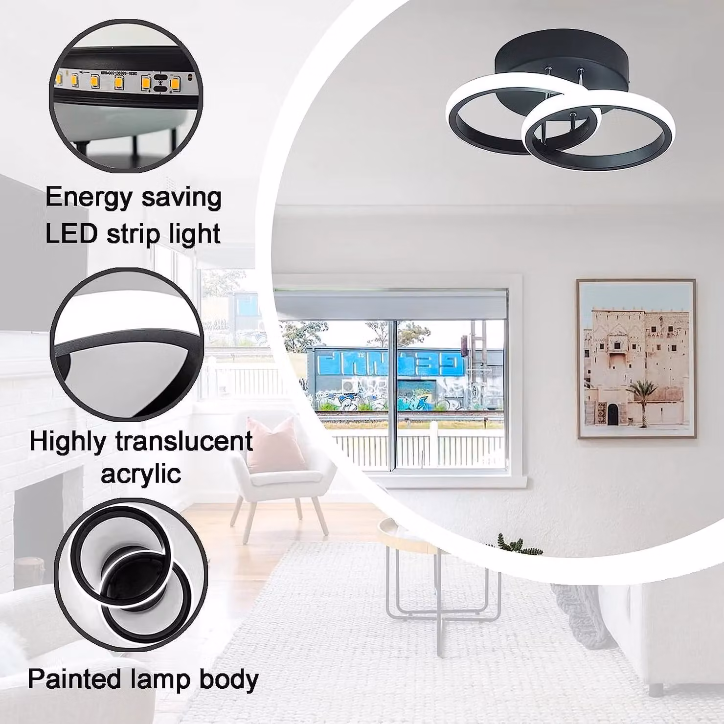 COMELY Modern LED Ring Ceiling Light in Black with 6500K Cool White Light – 6