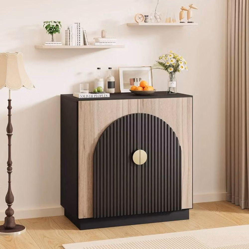 KORVIXA Mid-Century Buffet Cabinet with Fluted Arched Doors and Gold Details, Multicolour Wood and Glass Sideboard – 3