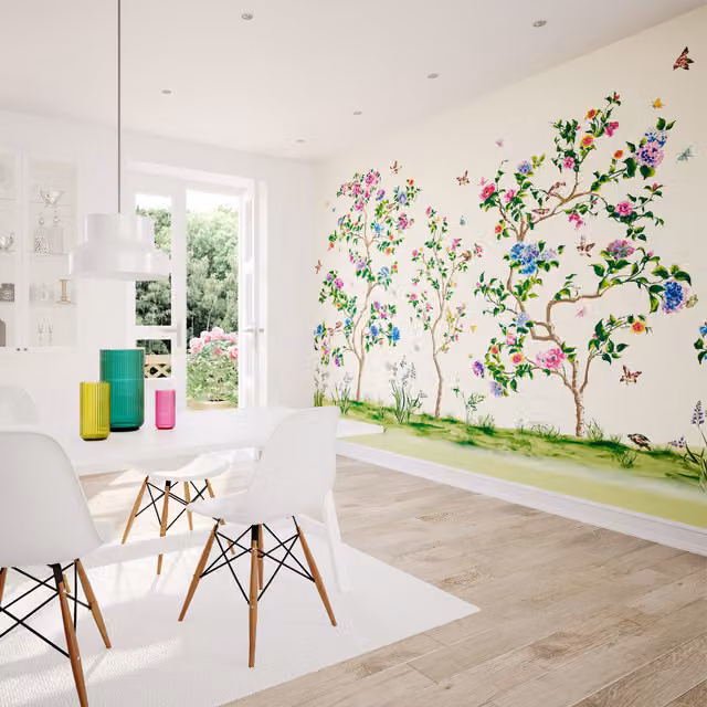 Origin Murals Oriental Floral Tree Wall Mural in White and Multicolour