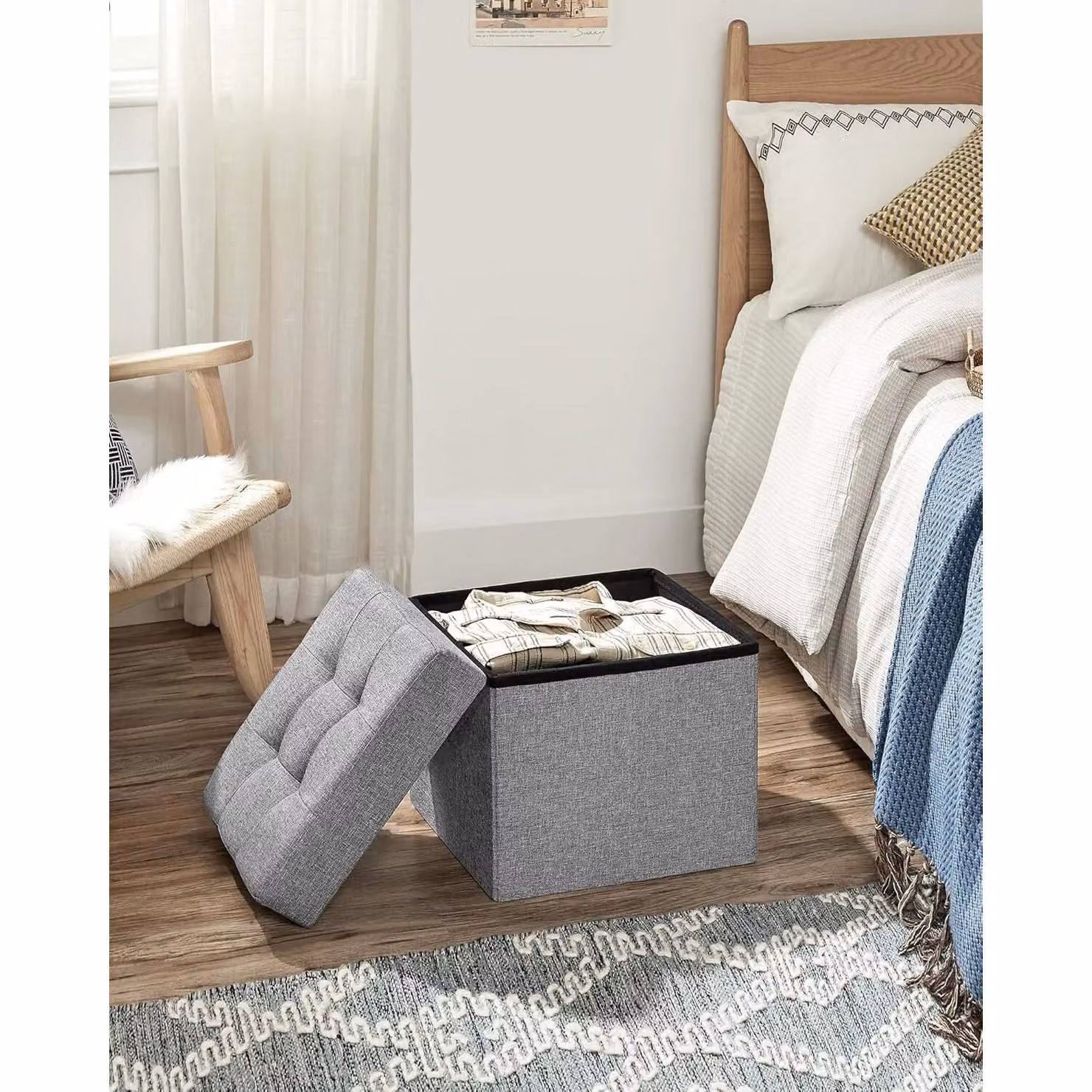 SONGMICS Small Cube Storage Ottoman and Folding Foot Rest in Light Grey – 2
