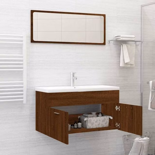 Berkfield Home Modern 2 Piece Brown Oak Bathroom Furniture Set with Vanity Unit and Mirror Cabinet