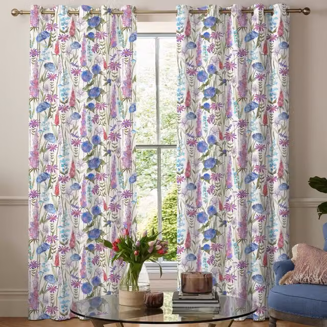 Voyage Maison Florabunda Made to Measure Blackout Eyelet Curtain in Bluebell Ecru Floral Cotton Linen Fabric